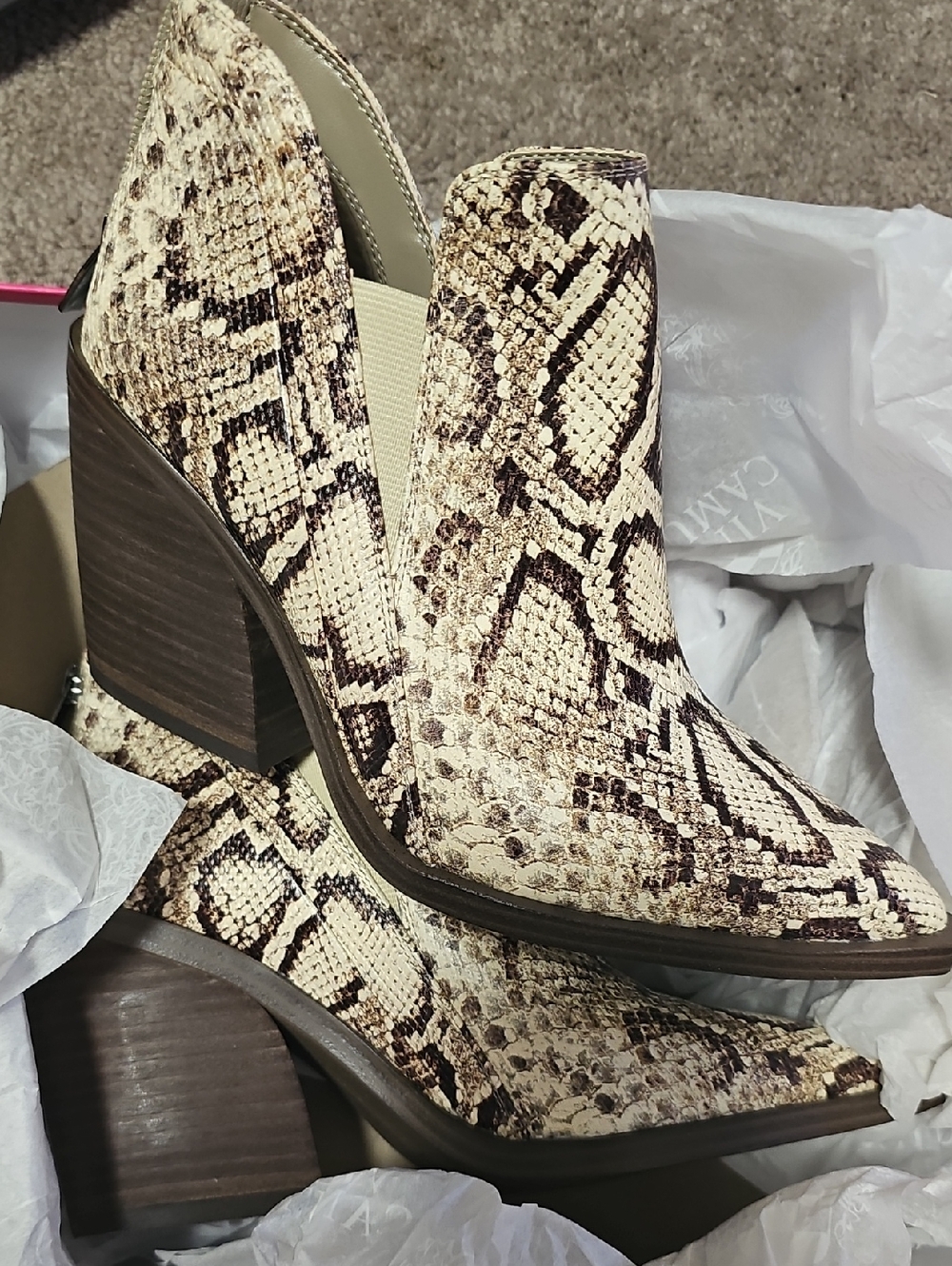 Vince Camuto Snake-Print Pointed Toe Ankle Boots in Cream and Brown